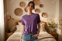 Woman wearing purple t shirt and denim shorts image Product Image 1