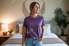 Woman wearing purple t shirt and denim shorts image Product Image 1