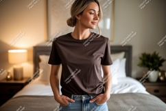 Woman wearing brown t shirt and jeans image Product Image 1