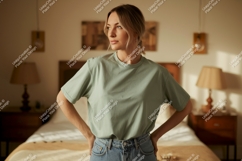 Woman wearing green t shirt and jeans image Product Image 1