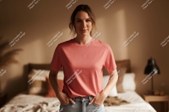 Woman wearing coral t shirt and denim jeans image Product Image 1