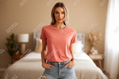 Woman wearing coral t shirt and denim shorts image Product Image 1