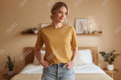 Woman wearing mustard yellow t shirt and denim shorts Product Image 1