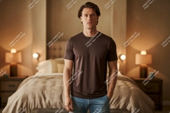 Man wearing brown t shirt in bedroom blue Product Image 1