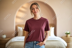 Woman wearing maroon t shirt mockup Product Image 1