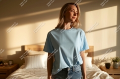 Woman wearing blue t shirt and jeans image Product Image 1