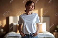 Woman wearing white t shirt in bedroom mockup Product Image 1