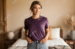 Woman wearing purple t-shirt and denim shorts image Product Image 1