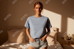 Woman wearing blue t-shirt and denim shorts Product Image 1