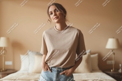 Woman wearing beige t shirt denim shorts image Product Image 1
