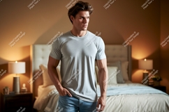 Man wearing grey t shirt and blue jeans image Product Image 1
