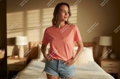 Woman wearing coral t shirt and denim shorts image Product Image 1