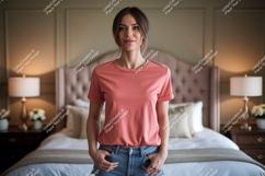 Woman wearing coral t shirt and denim jeans image Product Image 1