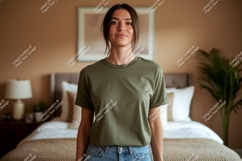 Woman wearing olive green t-shirt casual Product Image 1