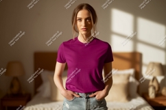 Woman wearing magenta t-shirt and denim jeans image Product Image 1