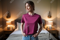 Woman wearing magenta t shirt and jeans image Product Image 1