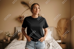 Woman wearing black t shirt and denim shorts t-shirt Product Image 1