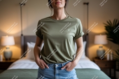 Woman wearing olive green t shirt and denim shorts Product Image 1