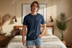 Man wearing navy blue t shirt and denim shorts image Product Image 1