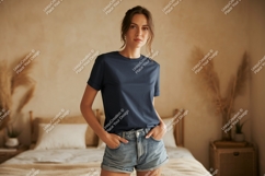 Woman wearing navy t shirt and denim shorts image Product Image 1