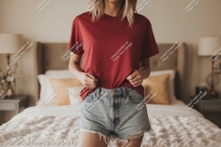 Woman wearing red t shirt denim shorts image Product Image 1