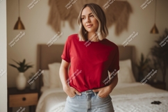 Woman wearing red shirt and denim shorts image Product Image 1