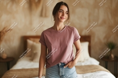 Woman wearing dusty rose t-shirt and denim shorts Product Image 1