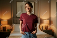 Woman wearing maroon t shirt and denim shorts image Product Image 1