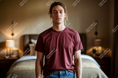 Man wearing maroon t shirt and jeans image Product Image 1