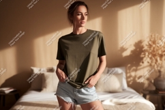 Woman wearing olive green t shirt and denim shorts Product Image 1