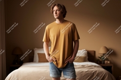 Man wearing mustard t shirt denim shorts image Product Image 1