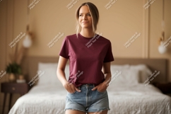 Woman wearing maroon t shirt and denim shorts image Product Image 1