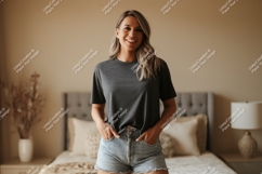 Woman wearing dark grey t shirt and denim shorts image Product Image 1