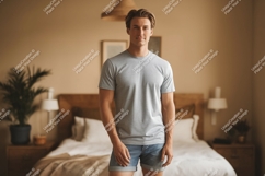 Man wearing grey t shirt and denim shorts image Product Image 1
