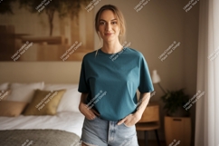 Woman wearing teal t shirt and denim shorts image Product Image 1
