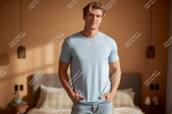 Man wearing light blue t shirt and denim shorts male Product Image 1