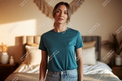 Woman wearing teal t shirt and jeans image Product Image 1