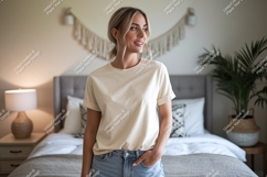 Woman wearing cream t shirt and denim jeans image Product Image 1
