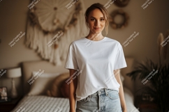 Woman wearing white t shirt and denim shorts image Product Image 1