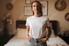 Woman wearing white t shirt and denim shorts image Product Image 1