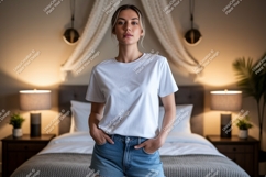 Woman wearing white t shirt and denim shorts image Product Image 1