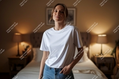 Woman wearing white t-shirt and denim jeans image Product Image 1