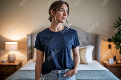 Woman wearing navy blue t shirt image Product Image 1