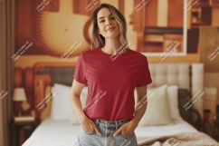 Woman wearing red t shirt and denim image Product Image 1