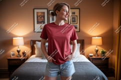 Woman wearing red t shirt and denim shorts image Product Image 1