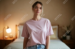 Woman wearing maroon t shirt and denim jeans image Product Image 1