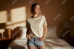 Woman wearing beige t shirt and denim shorts image Product Image 1