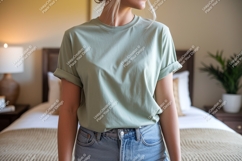 Woman wearing green t shirt and jeans image Product Image 1