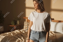 Woman wearing white t shirt and denim shorts image Product Image 1