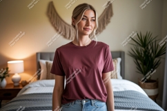 Woman wearing maroon t shirt mockup Product Image 1
